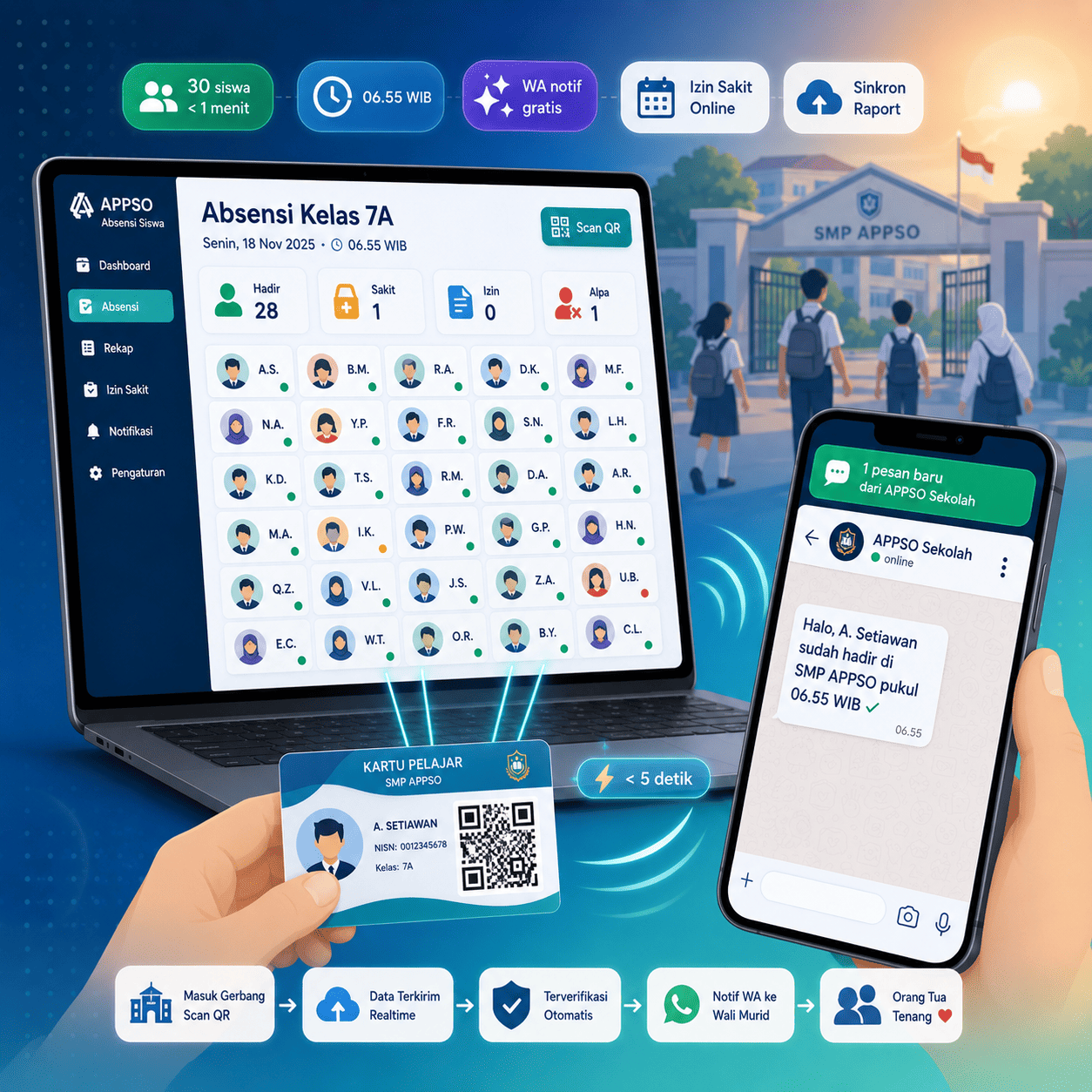 Aplikasi absensi siswa online APPSO dengan QR Code, fingerprint, & notifikasi WA ke wali murid