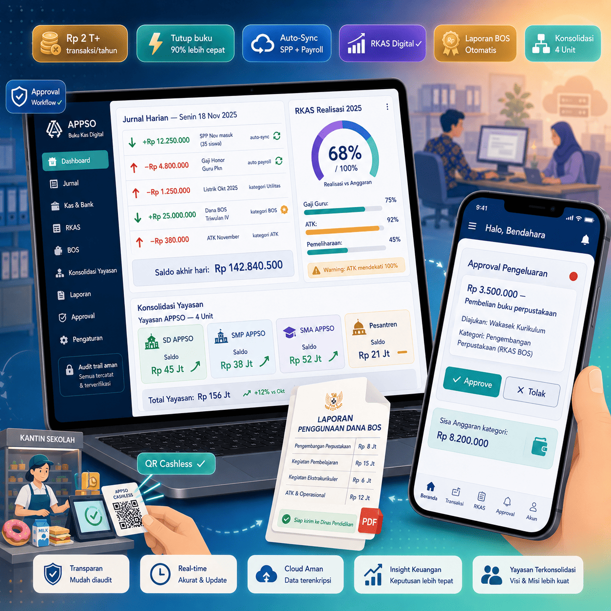 Aplikasi buku kas sekolah digital APPSO — RKAS, laporan BOS, konsolidasi yayasan