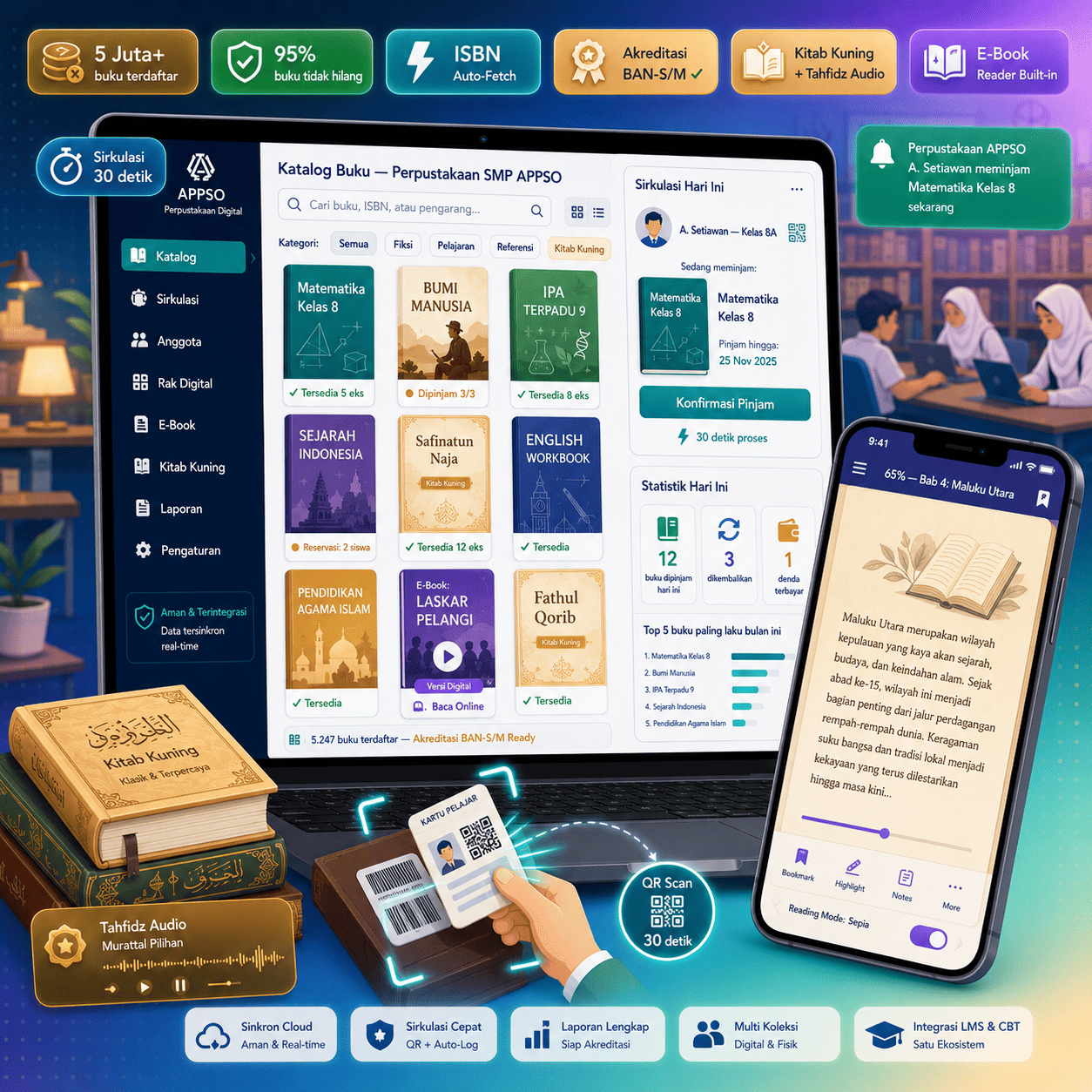 Aplikasi perpustakaan digital sekolah APPSO — katalog buku, sirkulasi QR, e-book, kitab kuning pesantren