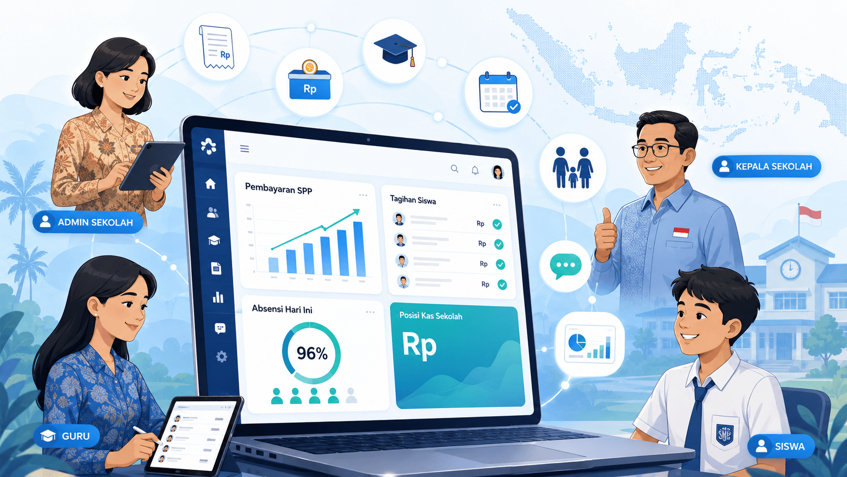Tampilan aplikasi Sistem Informasi Sekolah APPSO untuk administrasi, pembayaran SPP, dan raport digital