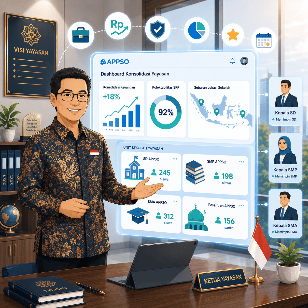 Yayasan pendidikan multi-sekolah dengan dashboard konsolidasi APPSO